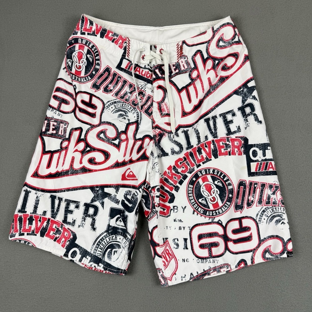 Quicksilver Mens 30 Boardshorts White Red Black‎ All Over Print Swim Trunks 11"